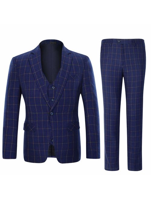 Men's Plaid Tweed 3 Piece Suit Slim Fit One Button Dinner Suit Tuxedo