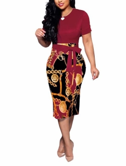 Women's Bodycon Dress Midi Work Casual Floral Prints Pencil Dresses with Belt