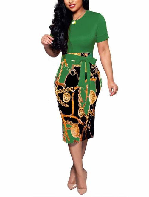 Women's Bodycon Dress Midi Work Casual Floral Prints Pencil Dresses with Belt