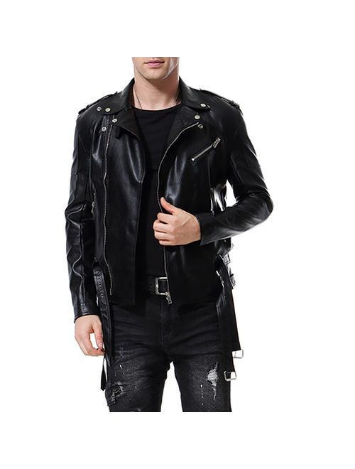 AOWOFS Men's Faux Leather Jacket Double Belt Punk Motorcycle Zip Slim Fit Biker Jacket