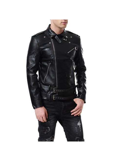 AOWOFS Men's Faux Leather Jacket Double Belt Punk Motorcycle Zip Slim Fit Biker Jacket