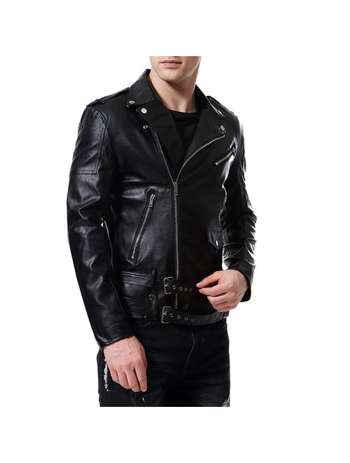 AOWOFS Men's Faux Leather Jacket Double Belt Punk Motorcycle Zip Slim Fit Biker Jacket