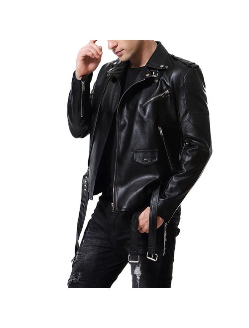 AOWOFS Men's Faux Leather Jacket Double Belt Punk Motorcycle Zip Slim Fit Biker Jacket