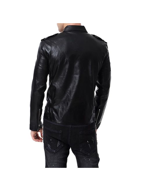 AOWOFS Men's Faux Leather Jacket Double Belt Punk Motorcycle Zip Slim Fit Biker Jacket