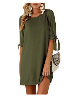 YOINS Summer Dresses for Women Long Sleeves T Shirts Solid Crew Neck Tunics Self-tie Blouses Mini Dresses