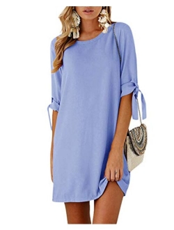 YOINS Summer Dresses for Women Long Sleeves T Shirts Solid Crew Neck Tunics Self-tie Blouses Mini Dresses