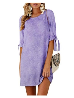 YOINS Summer Dresses for Women Long Sleeves T Shirts Solid Crew Neck Tunics Self-tie Blouses Mini Dresses