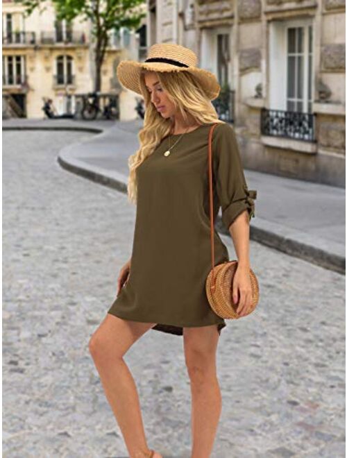 YOINS Summer Dresses for Women Long Sleeves T Shirts Solid Crew Neck Tunics Self-tie Blouses Mini Dresses