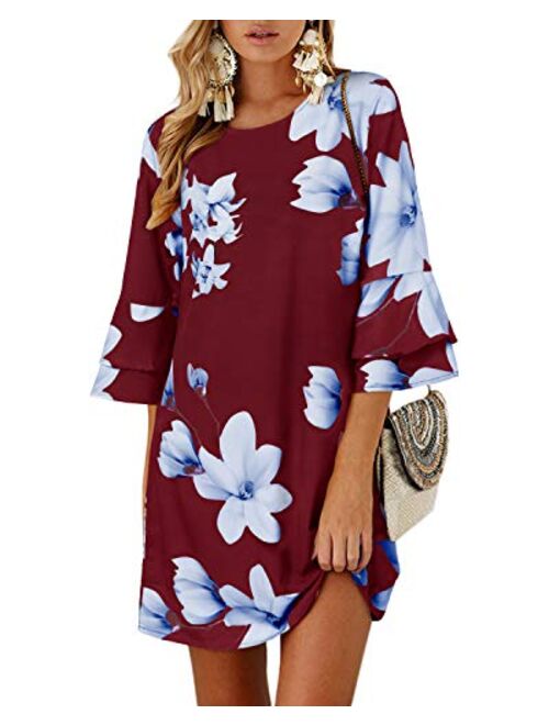 YOINS Summer Dresses for Women Long Sleeves T Shirts Solid Crew Neck Tunics Self-tie Blouses Mini Dresses