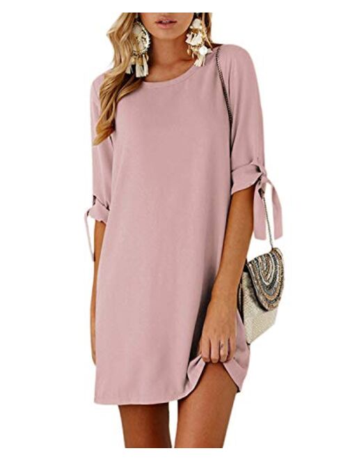 YOINS Summer Dresses for Women Long Sleeves T Shirts Solid Crew Neck Tunics Self-tie Blouses Mini Dresses