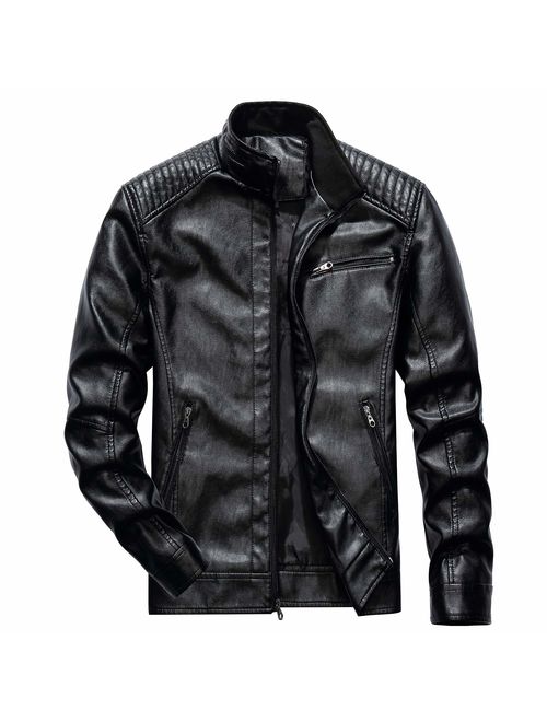 WEEN CHARM Mens Leather Jacket Stand Collar PU Faux Motocycle Jackets