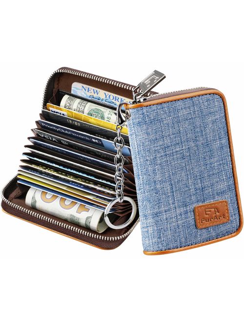 FurArt Credit Card Wallet, Zipper Card Cases Holder for Men Women, RFID Blocking, Key Chain, 15/16 Slots, Compact Size