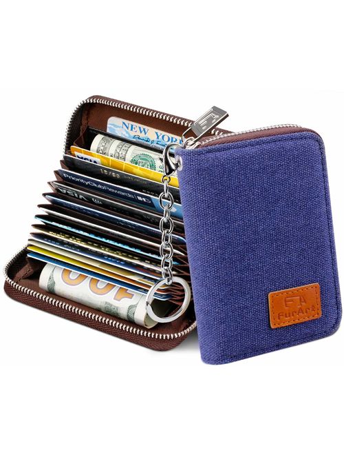 FurArt Credit Card Wallet, Zipper Card Cases Holder for Men Women, RFID Blocking, Key Chain, 15/16 Slots, Compact Size