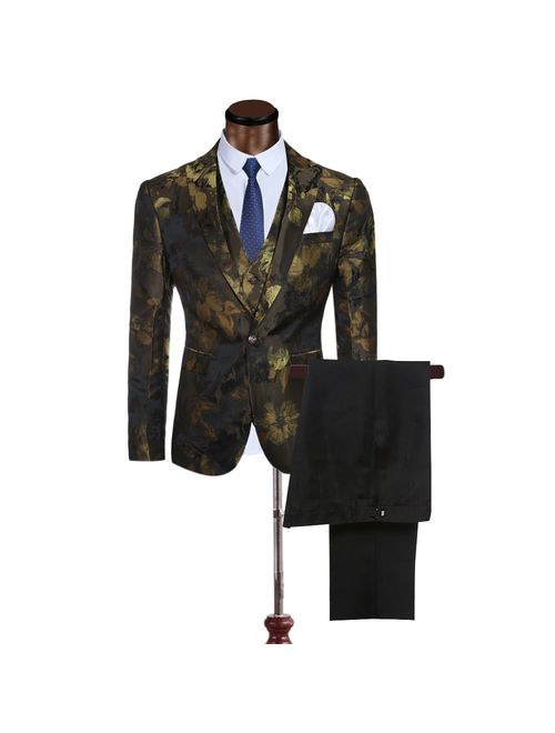 Men's 3-Piece Suit Notched Lapel Floral One Button Modern Blazer Vest Pants Sets