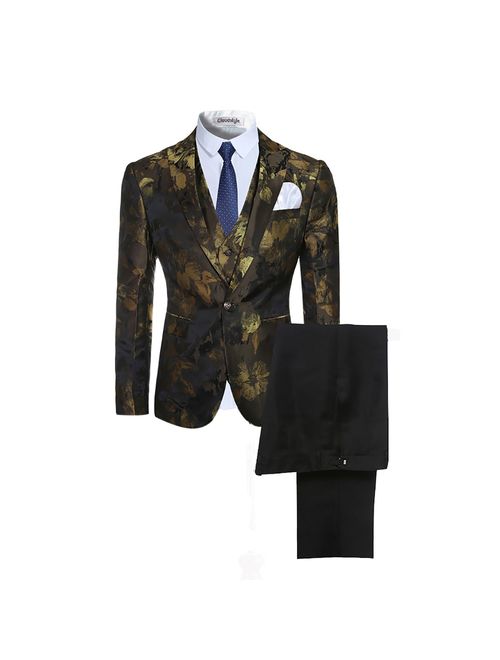 Men's 3-Piece Suit Notched Lapel Floral One Button Modern Blazer Vest Pants Sets