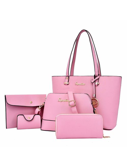 Soperwillton Women Fashion Handbags Tote Bag Shoulder Bag Top Handle Satchel 5pcs Purse Set