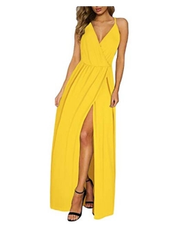 II ININ Floral Deep V-Neck Backless Front High Slit Maxi Dress for Beach Party