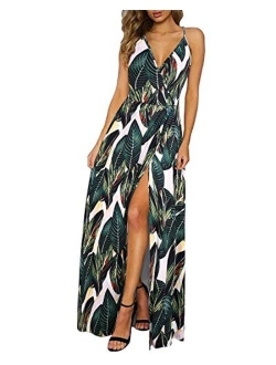 II ININ Floral Deep V-Neck Backless Front High Slit Maxi Dress for Beach Party