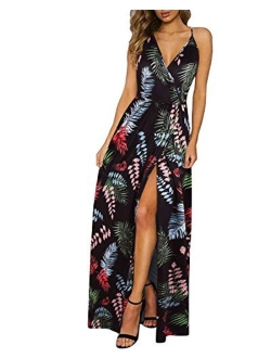 II ININ Floral Deep V-Neck Backless Front High Slit Maxi Dress for Beach Party