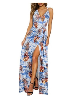 II ININ Floral Deep V-Neck Backless Front High Slit Maxi Dress for Beach Party