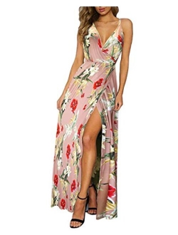 II ININ Floral Deep V-Neck Backless Front High Slit Maxi Dress for Beach Party