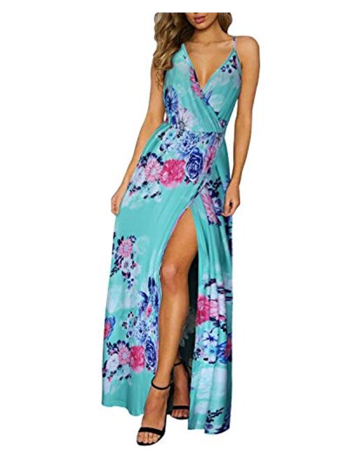 II ININ Floral Deep V-Neck Backless Front High Slit Maxi Dress for Beach Party