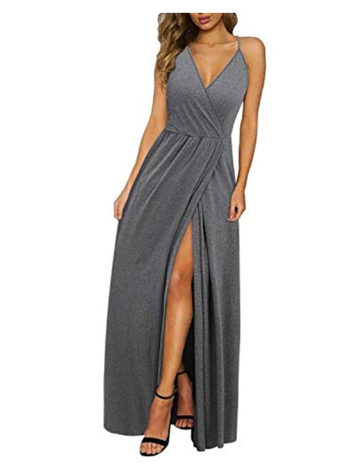 II ININ Floral Deep V-Neck Backless Front High Slit Maxi Dress for Beach Party