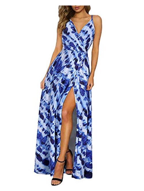 II ININ Floral Deep V-Neck Backless Front High Slit Maxi Dress for Beach Party