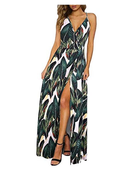 II ININ Floral Deep V-Neck Backless Front High Slit Maxi Dress for Beach Party