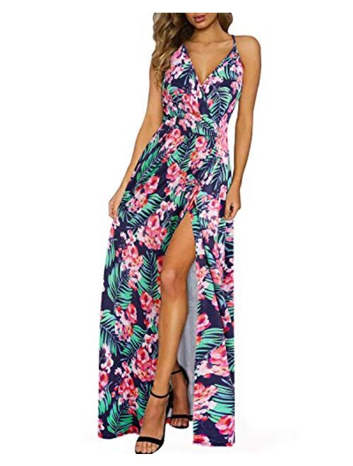 II ININ Floral Deep V-Neck Backless Front High Slit Maxi Dress for Beach Party