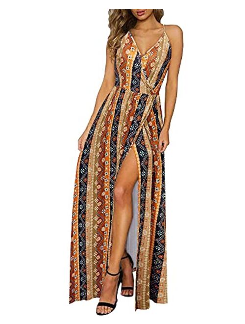 II ININ Floral Deep V-Neck Backless Front High Slit Maxi Dress for Beach Party