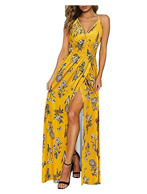 II ININ Floral Deep V-Neck Backless Front High Slit Maxi Dress for Beach Party