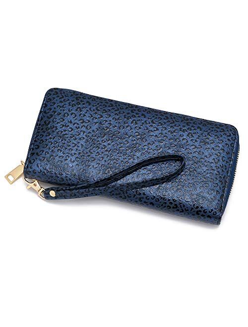 WOZEAH Women's RFID Blocking PU Leather Zip Around Wallet Clutch Large Travel Purse