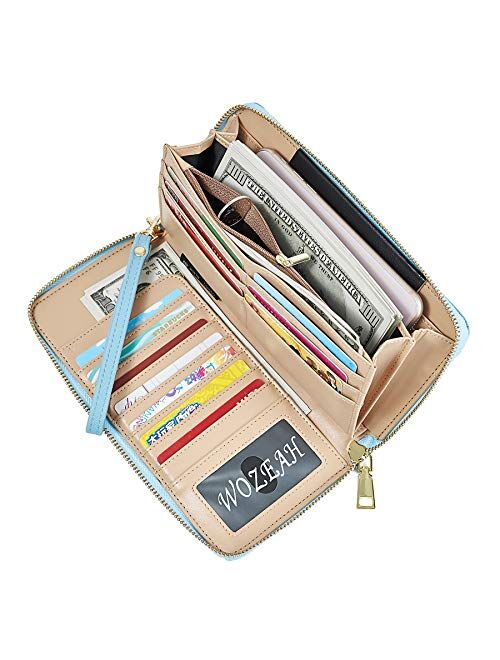 WOZEAH Women's RFID Blocking PU Leather Zip Around Wallet Clutch Large Travel Purse