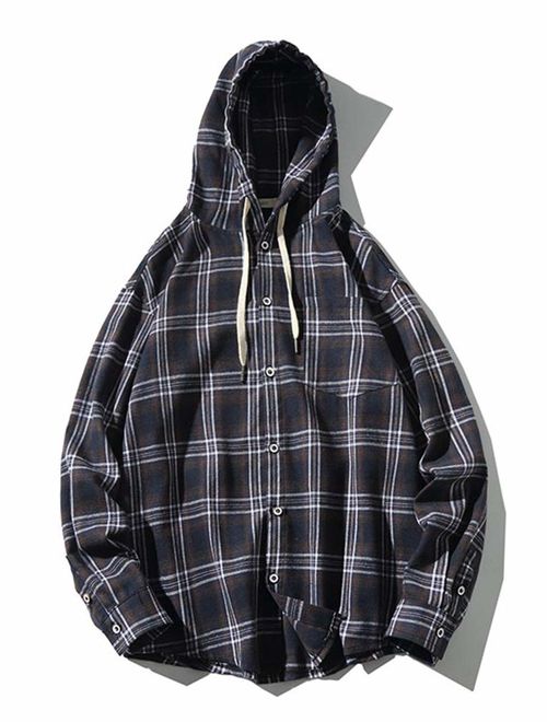 Lavnis Men's Plaid Hooded Shirts Casual Long Sleeve Lightweight Shirt Jackets