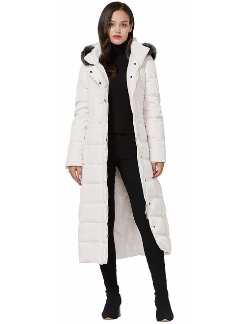 Molodo Women's Long Down Coat with Fur Hood Maxi Down Parka Puffer Jacket