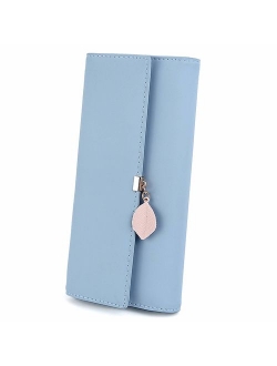 Wallet for Women PU Leather Leaf Pendant Card Holder Phone Checkbook Organizer Zipper Coin Purse