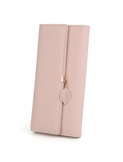 Wallet for Women PU Leather Leaf Pendant Card Holder Phone Checkbook Organizer Zipper Coin Purse