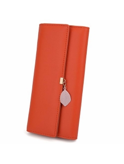 Wallet for Women PU Leather Leaf Pendant Card Holder Phone Checkbook Organizer Zipper Coin Purse