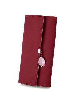 Wallet for Women PU Leather Leaf Pendant Card Holder Phone Checkbook Organizer Zipper Coin Purse