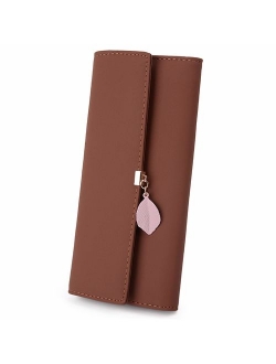 Wallet for Women PU Leather Leaf Pendant Card Holder Phone Checkbook Organizer Zipper Coin Purse