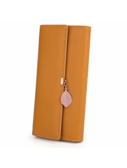 Wallet for Women PU Leather Leaf Pendant Card Holder Phone Checkbook Organizer Zipper Coin Purse