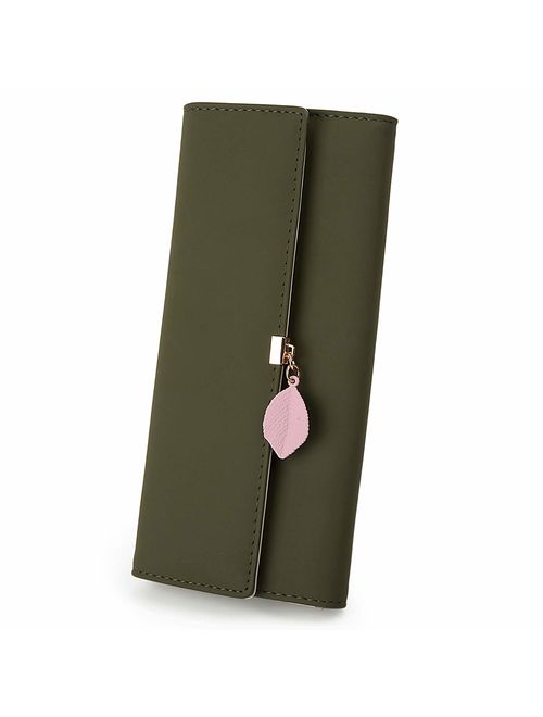 UTO Wallet for Women PU Leather Leaf Pendant Card Holder Phone Checkbook Organizer Zipper Coin Purse