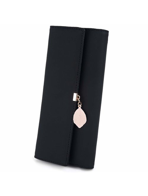 UTO Wallet for Women PU Leather Leaf Pendant Card Holder Phone Checkbook Organizer Zipper Coin Purse