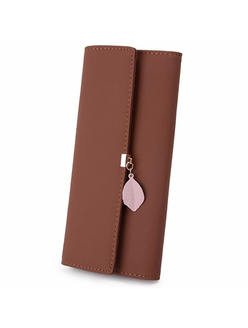 UTO Wallet for Women PU Leather Leaf Pendant Card Holder Phone Checkbook Organizer Zipper Coin Purse