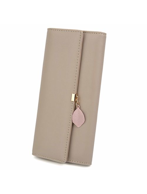 UTO Wallet for Women PU Leather Leaf Pendant Card Holder Phone Checkbook Organizer Zipper Coin Purse