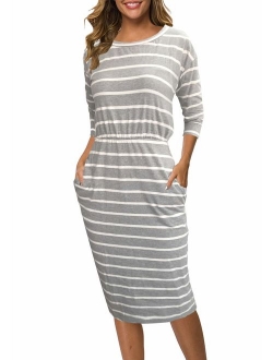 Moyabo Women's 3/4 Sleeve Round Neck Hips-Wrapped Casual Office Pencil Dress