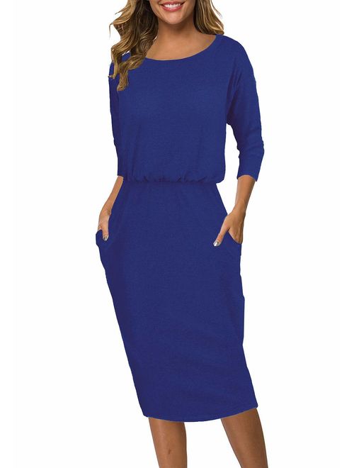 Moyabo Women's 3/4 Sleeve Round Neck Hips-Wrapped Casual Office Pencil Dress