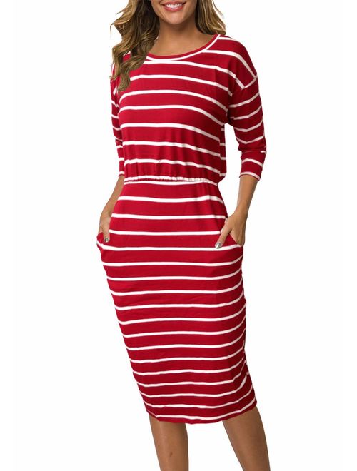 Moyabo Women's 3/4 Sleeve Round Neck Hips-Wrapped Casual Office Pencil Dress