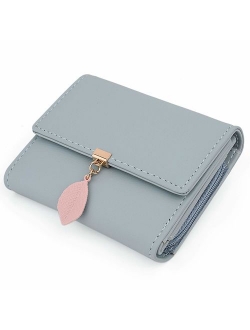 Small Wallet for Women PU Leather Leaf Pendant Card Holder Organizer Zipper Coin Purse